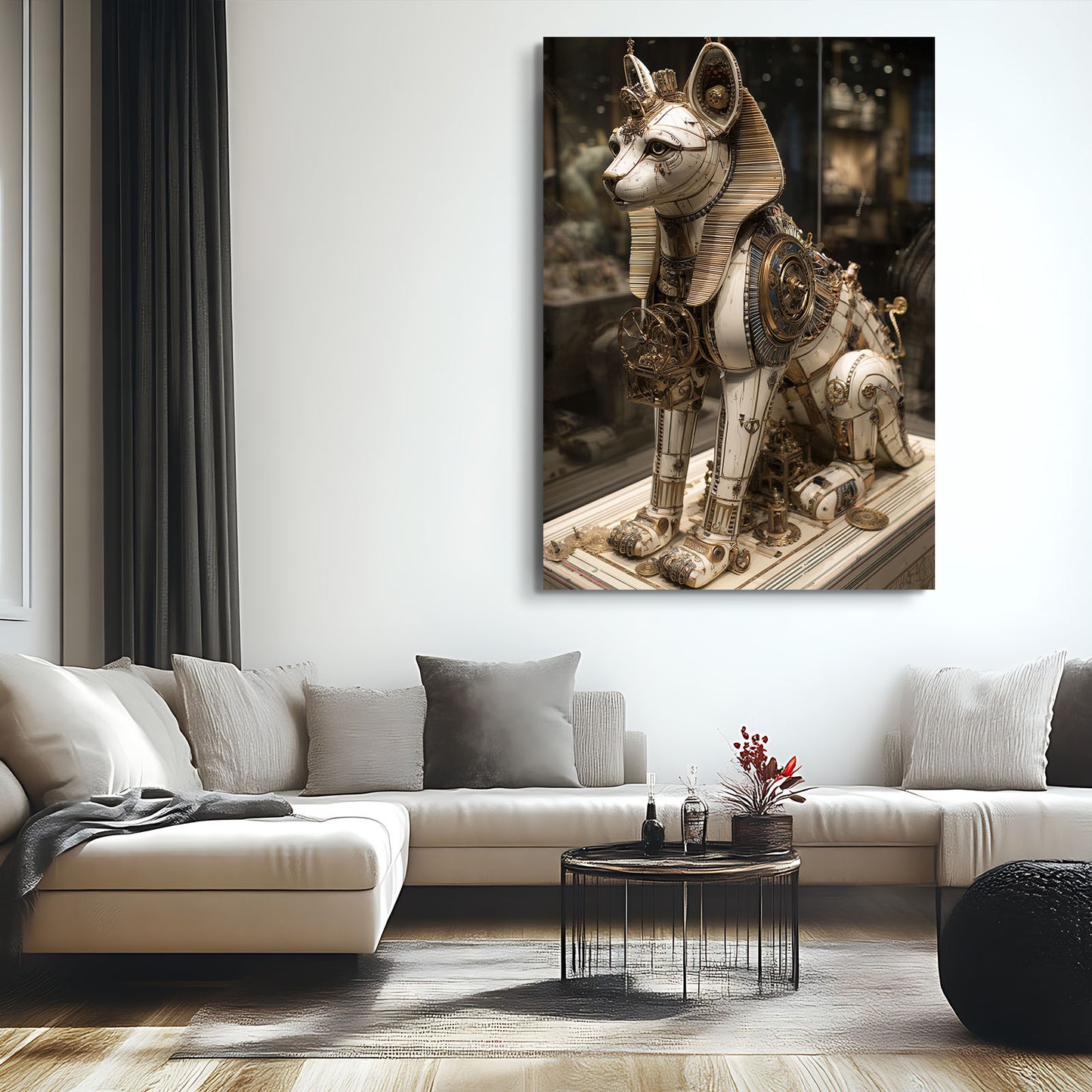 Brass Temple Cat Steampunk Wall Decor – styled in a furnished interior