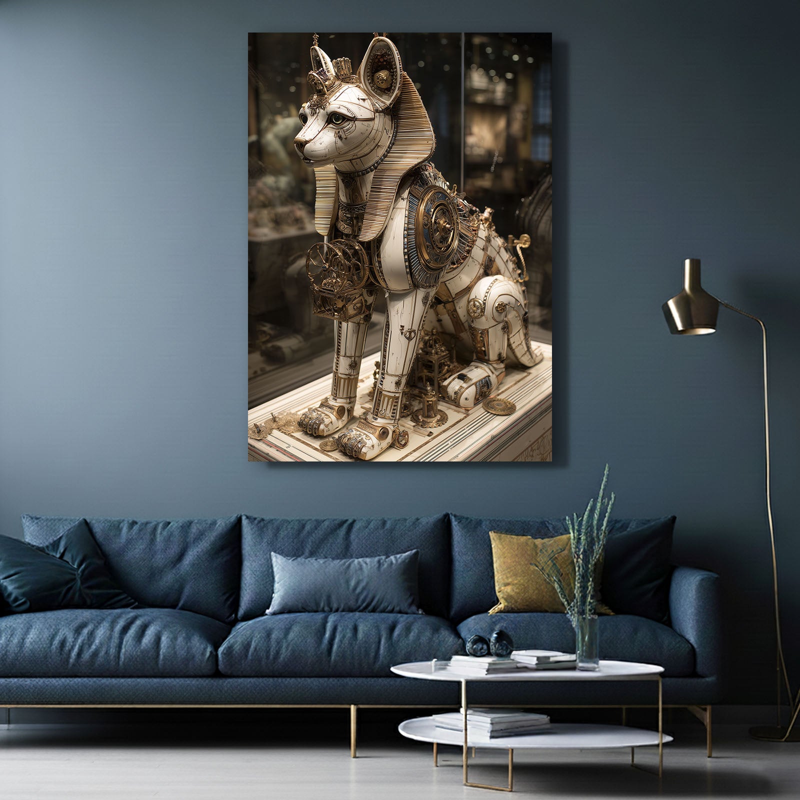 Brass Temple Cat Steampunk Wall Decor – styled in a furnished interior