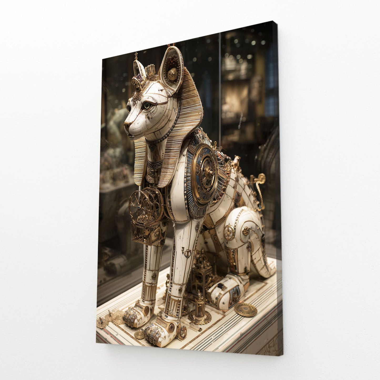 Brass Temple Cat Steampunk Wall Decor – angled canvas view on white background
