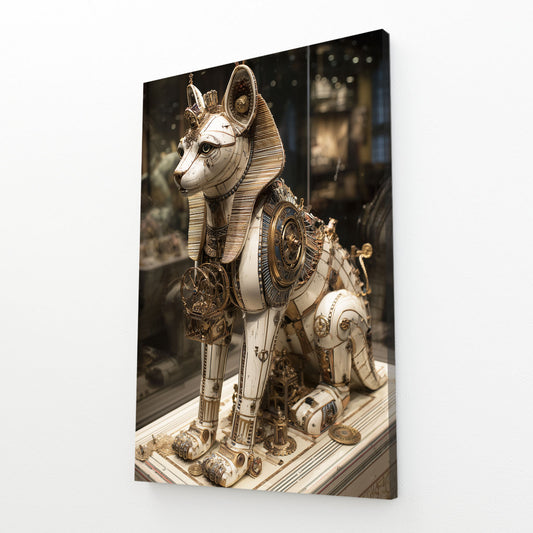 Brass Temple Cat Steampunk Wall Decor – angled canvas view on white background