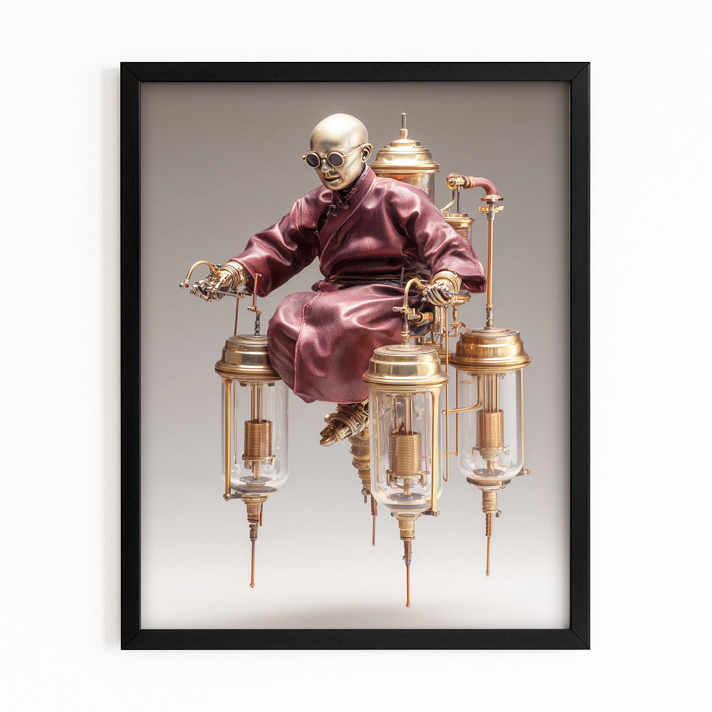 Brass Throne Monk Steampunk Wall Art – with Premium Black frame on white background