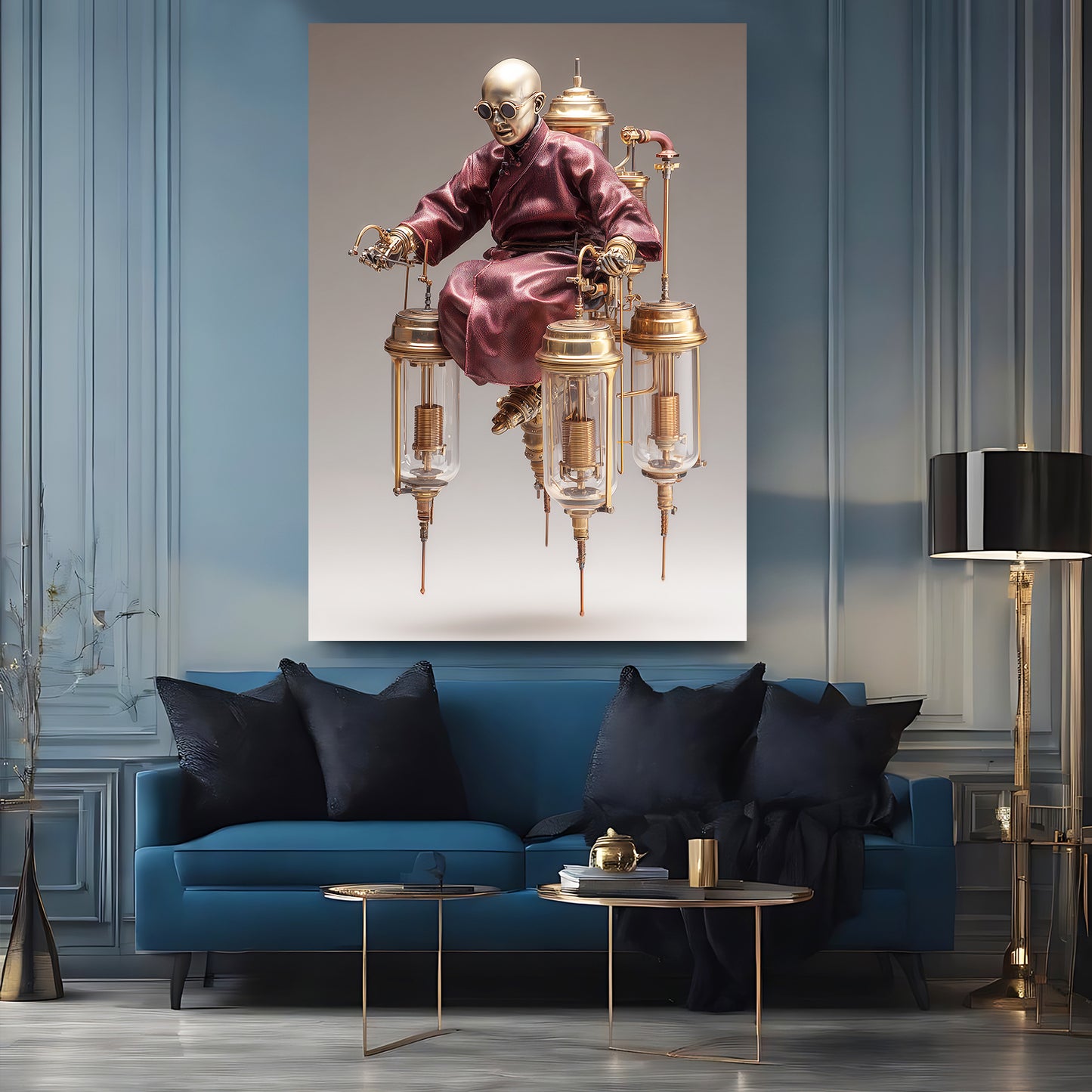 Brass Throne Monk Steampunk Wall Art – styled in a furnished interior