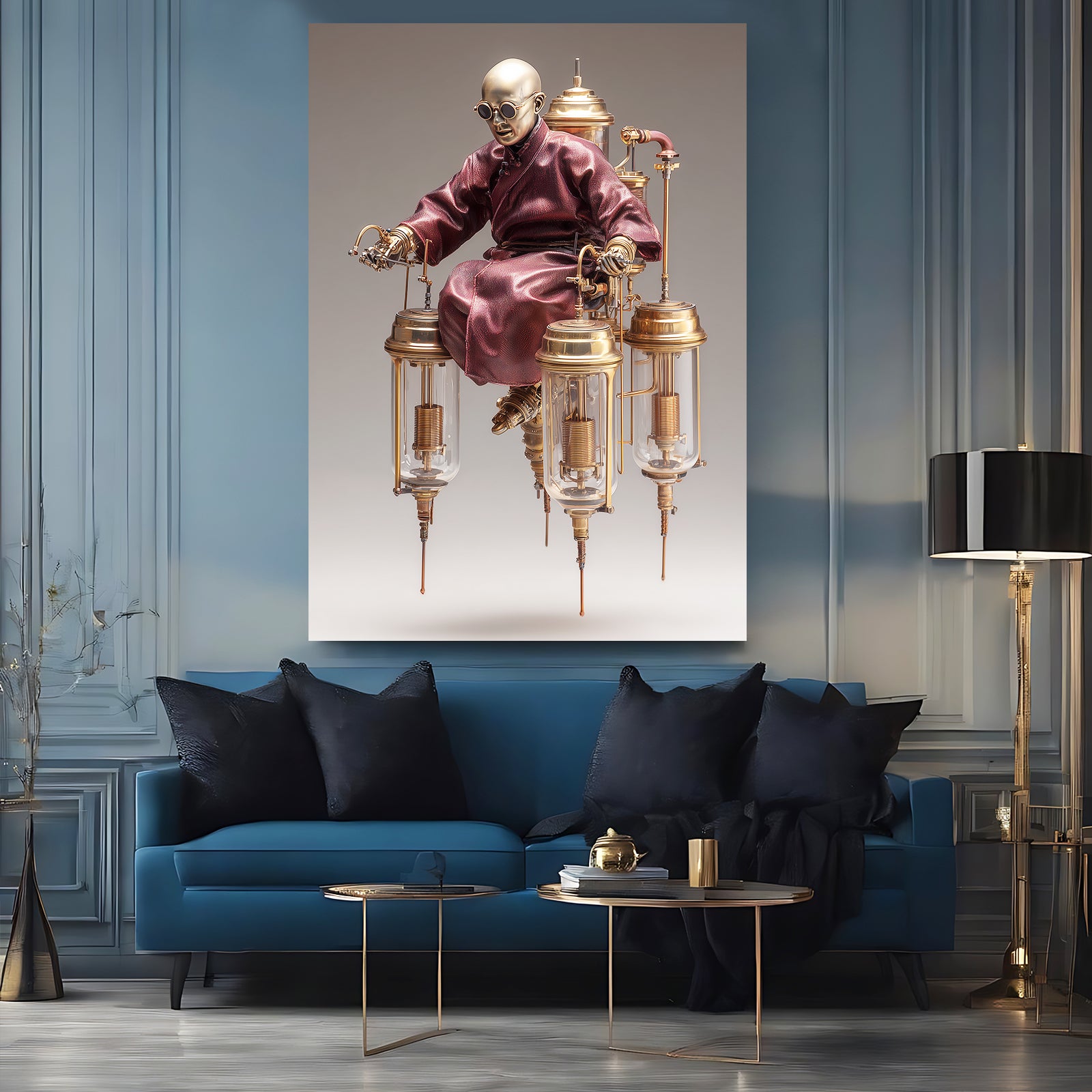 Brass Throne Monk Steampunk Wall Art – styled in a furnished interior