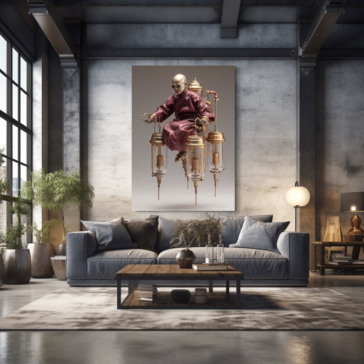 Brass Throne Monk Steampunk Wall Art – styled in a furnished interior