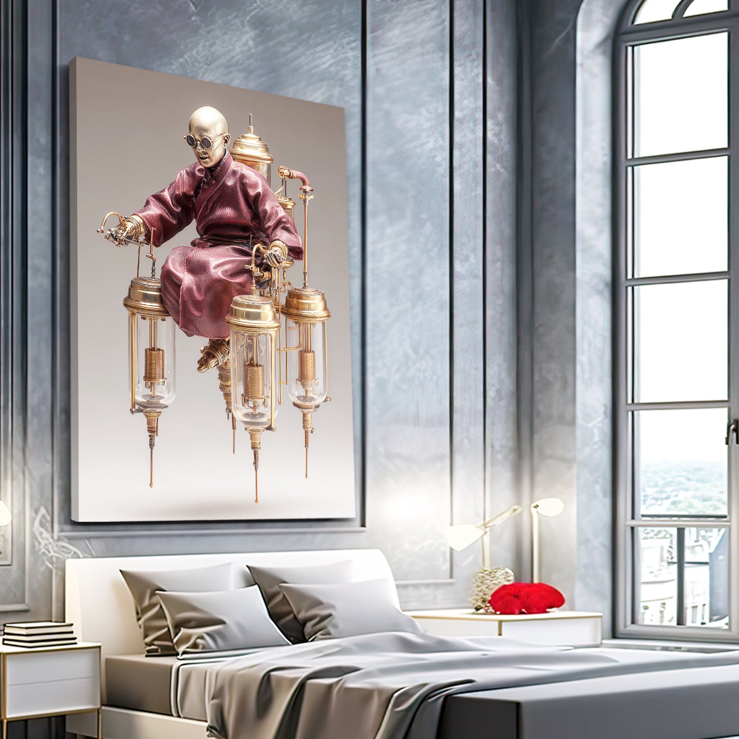 Brass Throne Monk Steampunk Wall Art – styled in a furnished interior