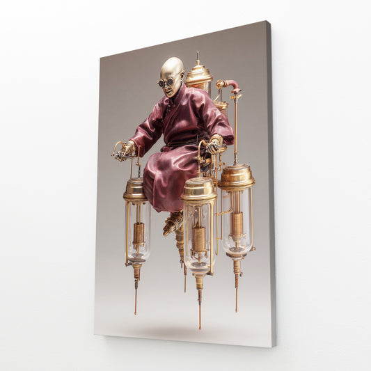 Brass Throne Monk Steampunk Wall Art – angled canvas view on white background