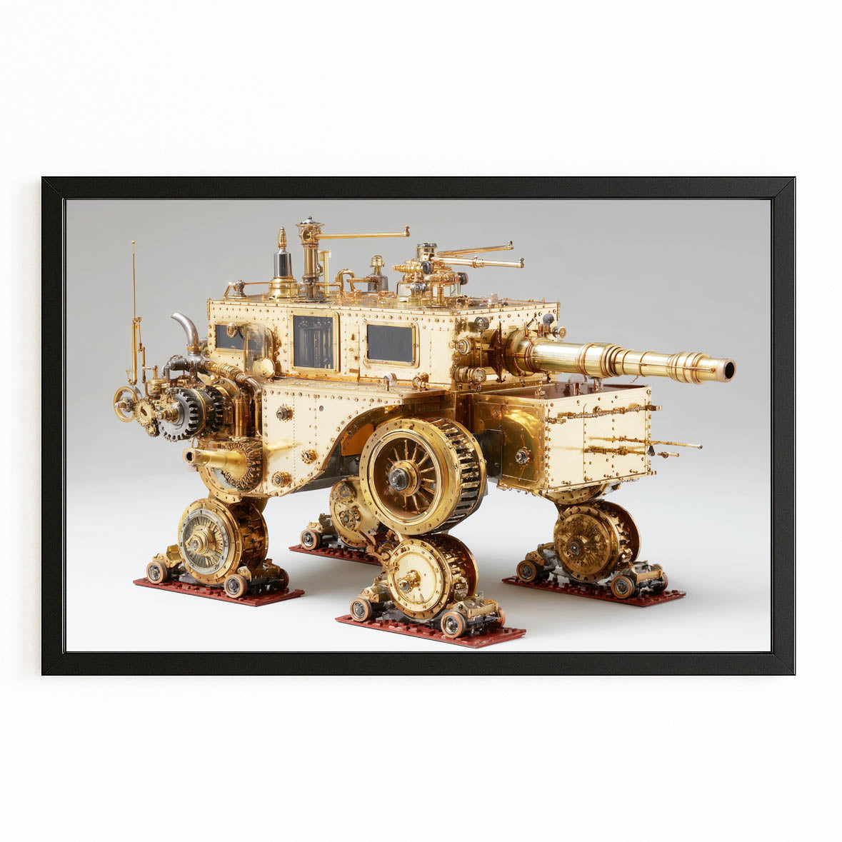 Brass Walking Fortress Steampunk Art – with Premium Black frame on white background