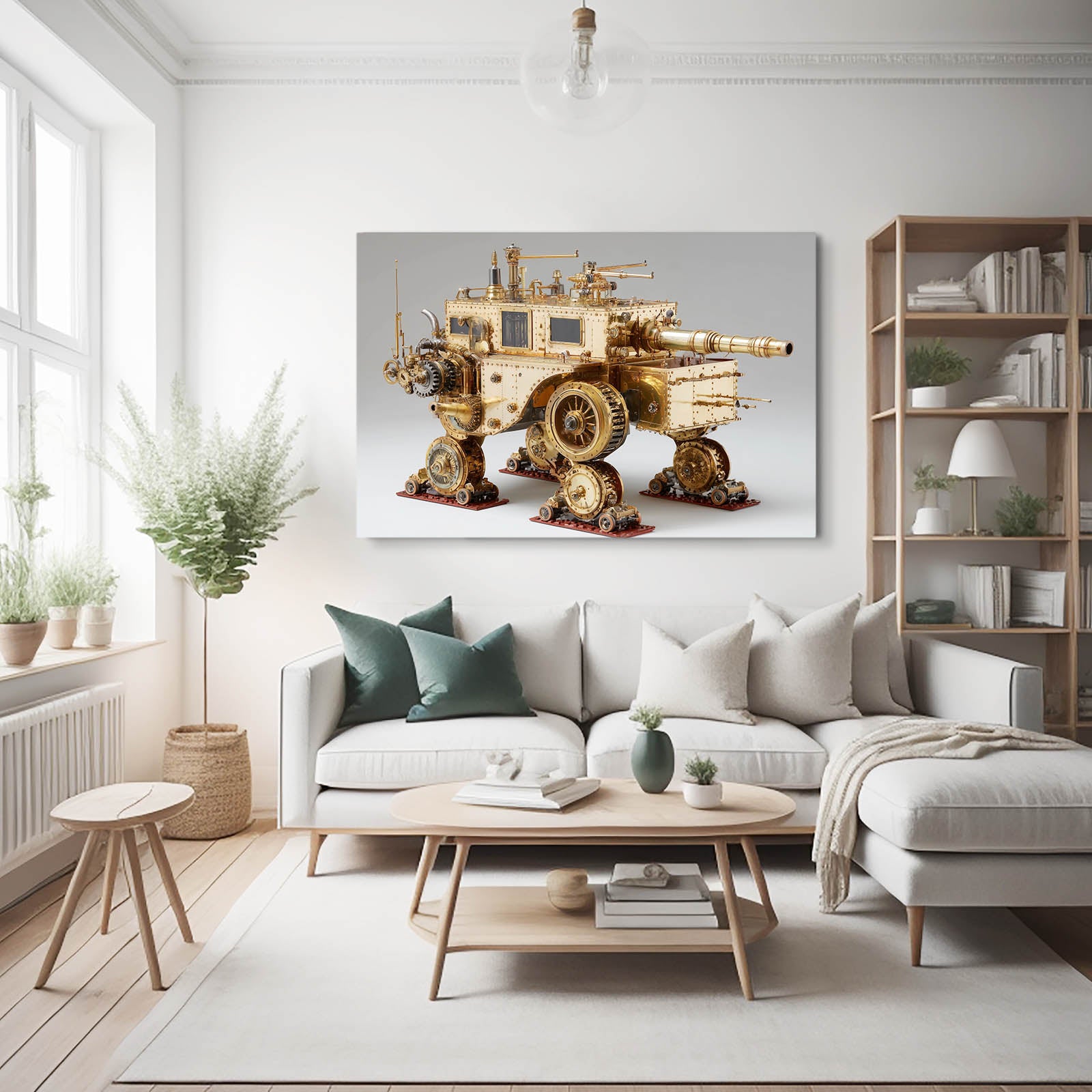 Brass Walking Fortress Steampunk Art – styled in a furnished interior