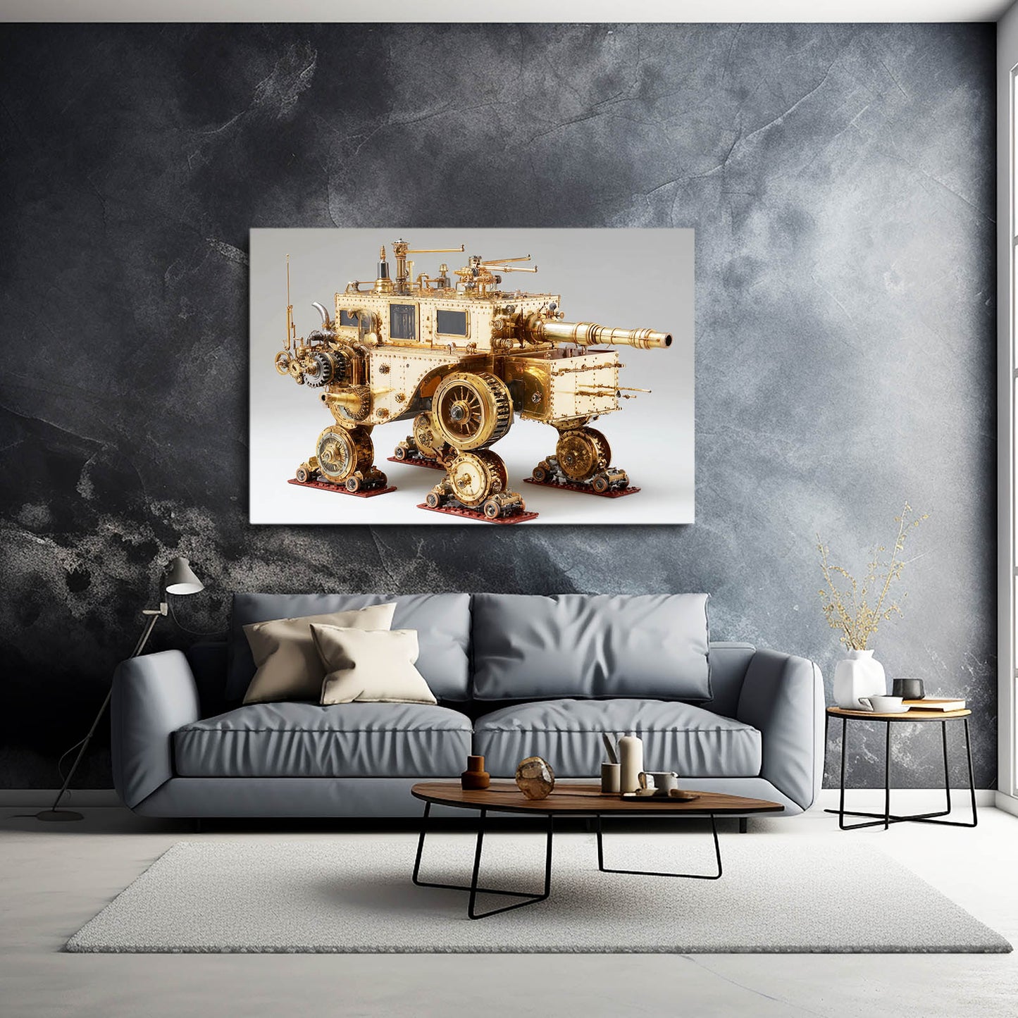 Brass Walking Fortress Steampunk Art – styled in a furnished interior