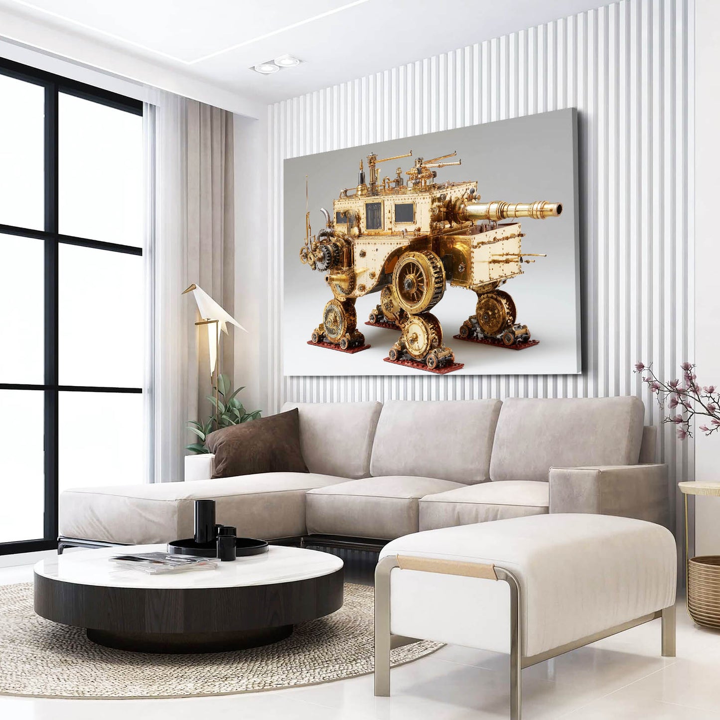 Brass Walking Fortress Steampunk Art – styled in a furnished interior
