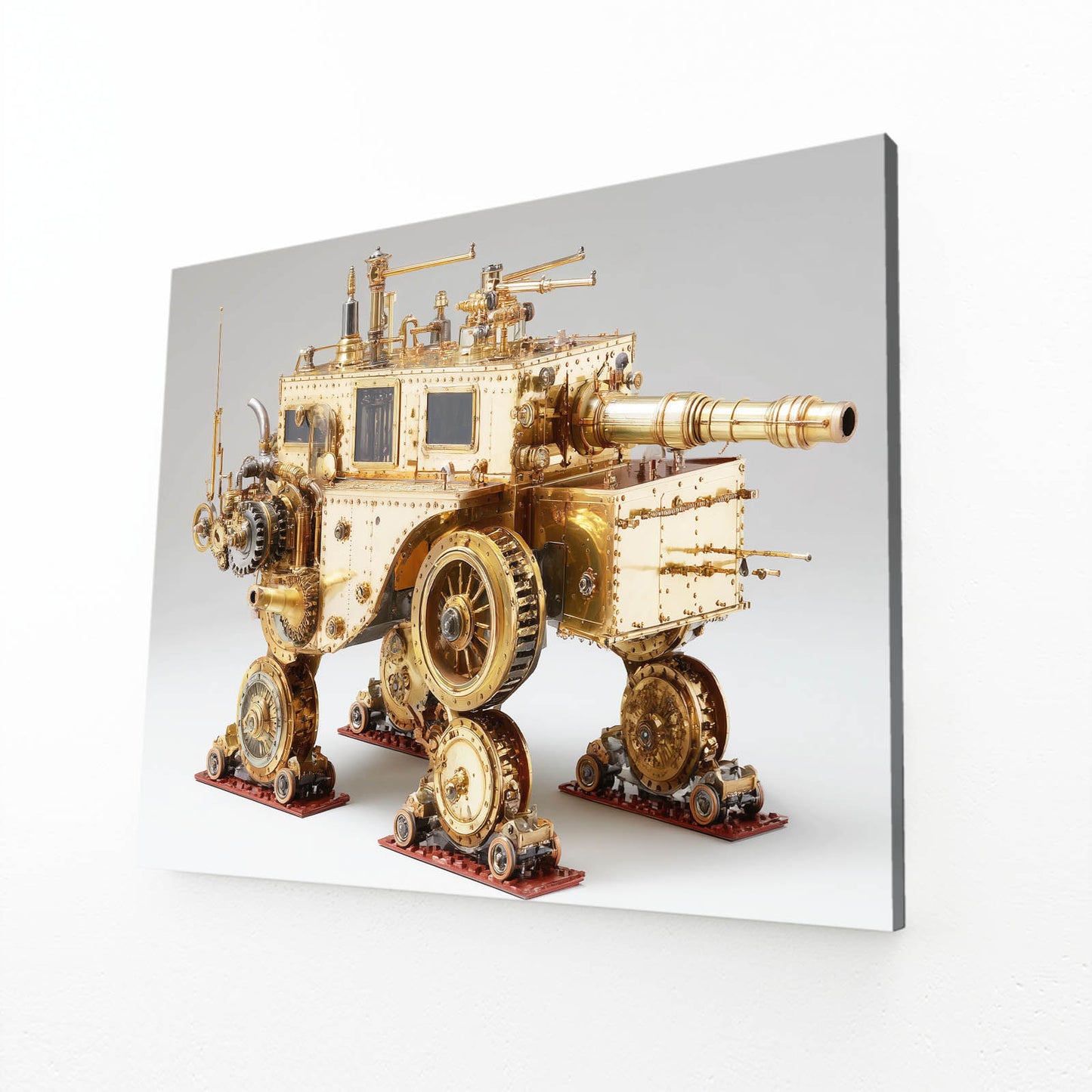 Brass Walking Fortress Steampunk Art – angled canvas view on white background