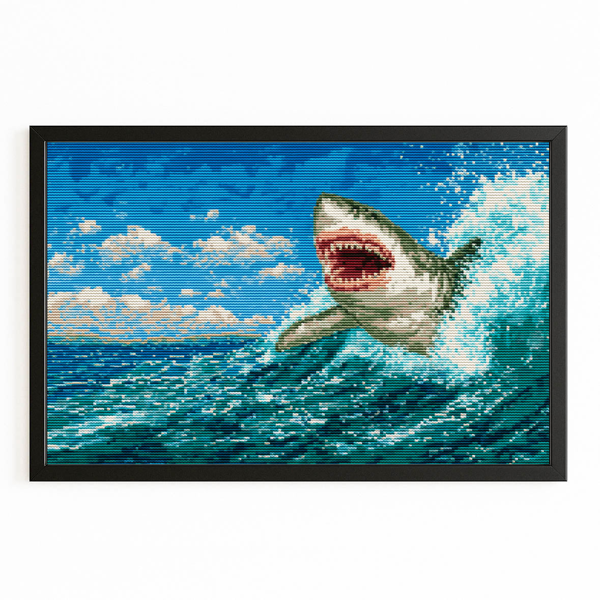 Breaching Wave Shark Art – with Premium Black frame on white background