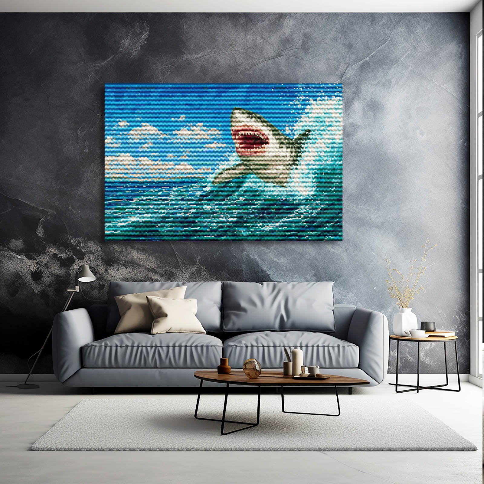 Breaching Wave Shark Art – styled in a furnished interior