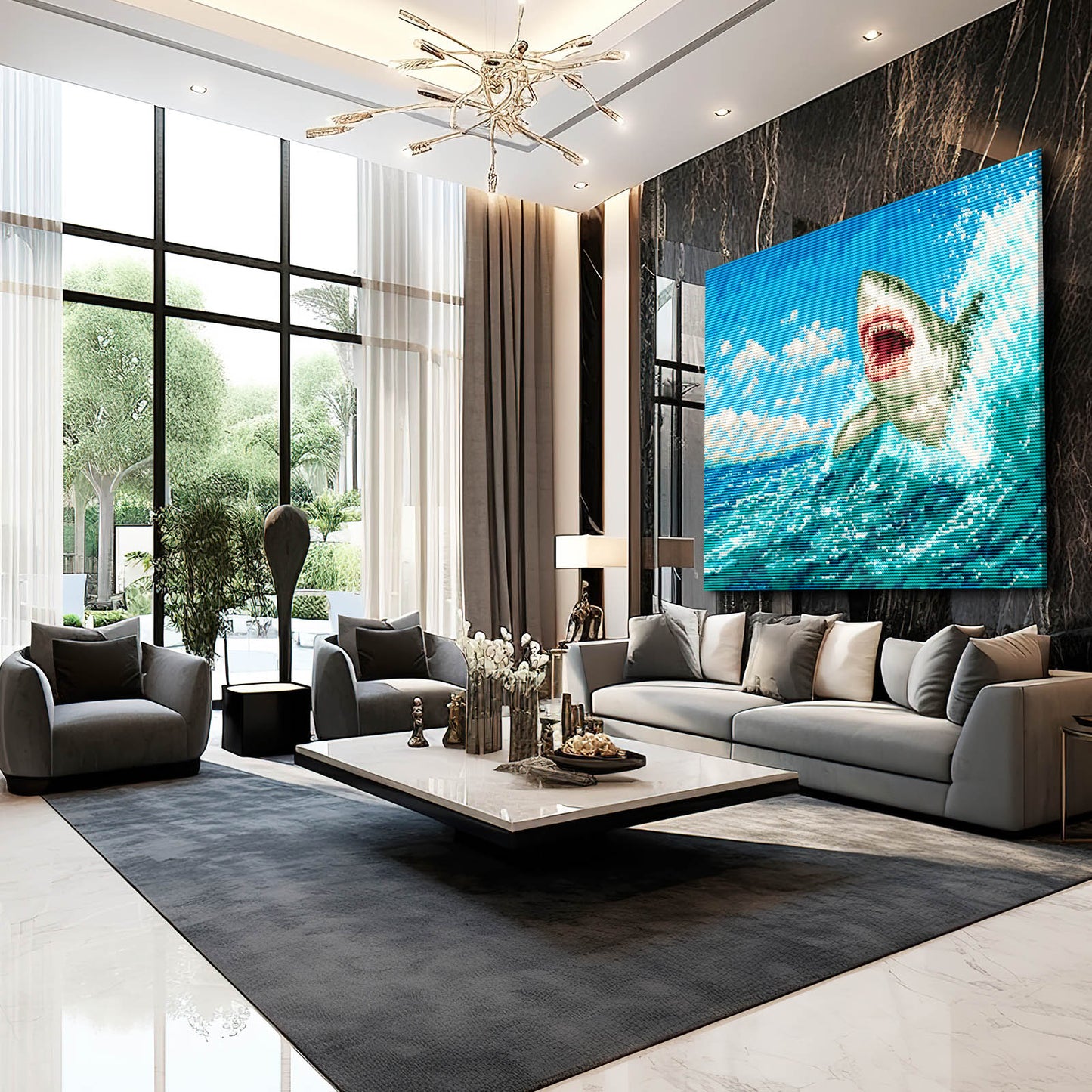 Breaching Wave Shark Art – styled in a furnished interior