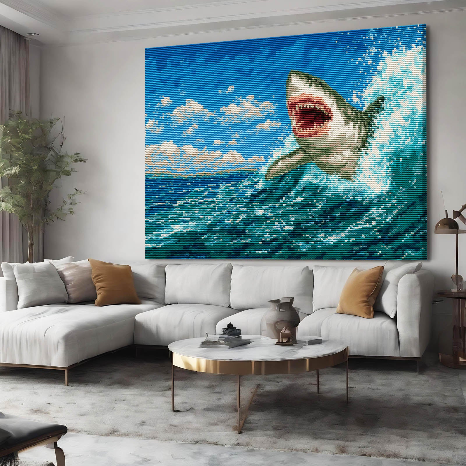 Breaching Wave Shark Art – styled in a furnished interior