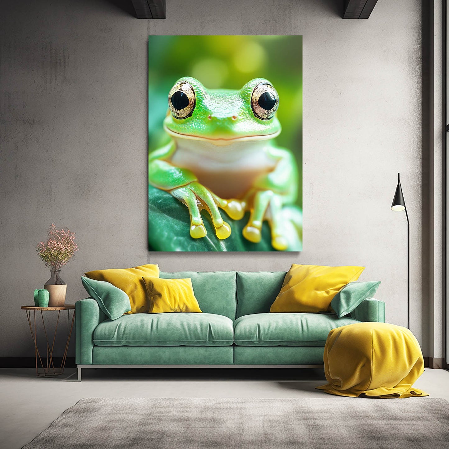 Bright Leaf Treefrog Frog Prints – styled in a furnished interior