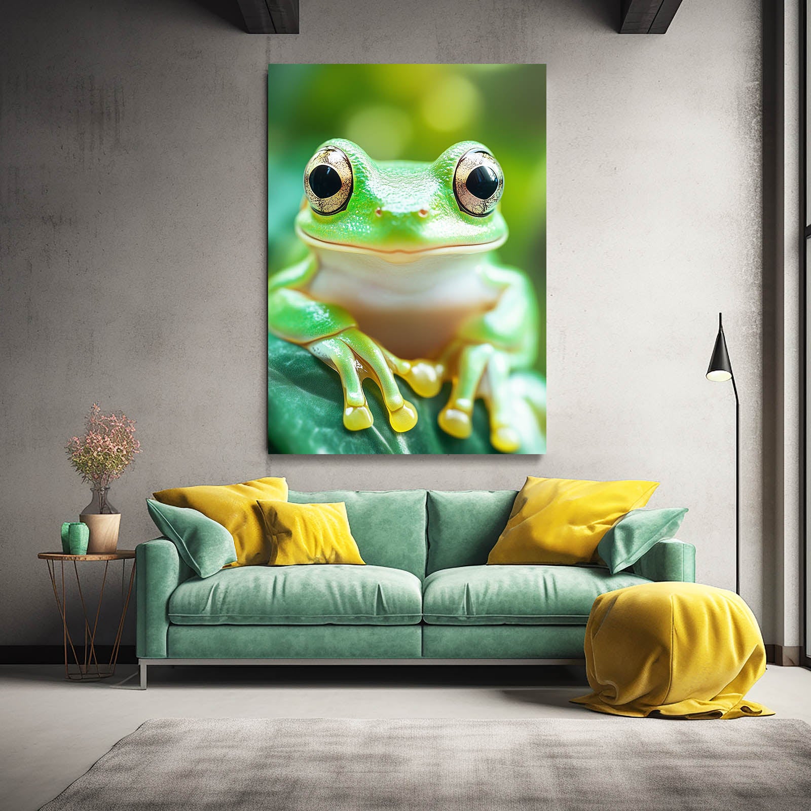 Bright Leaf Treefrog Frog Prints – styled in a furnished interior