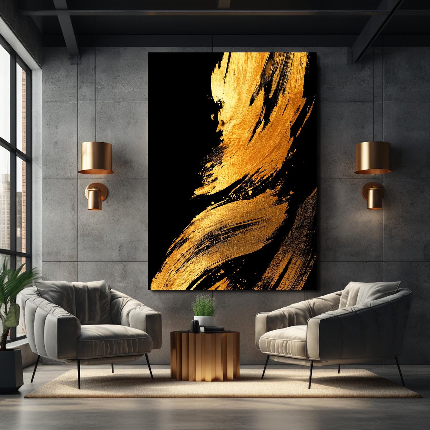 Broad Gold Strokes Art – styled in a furnished interior