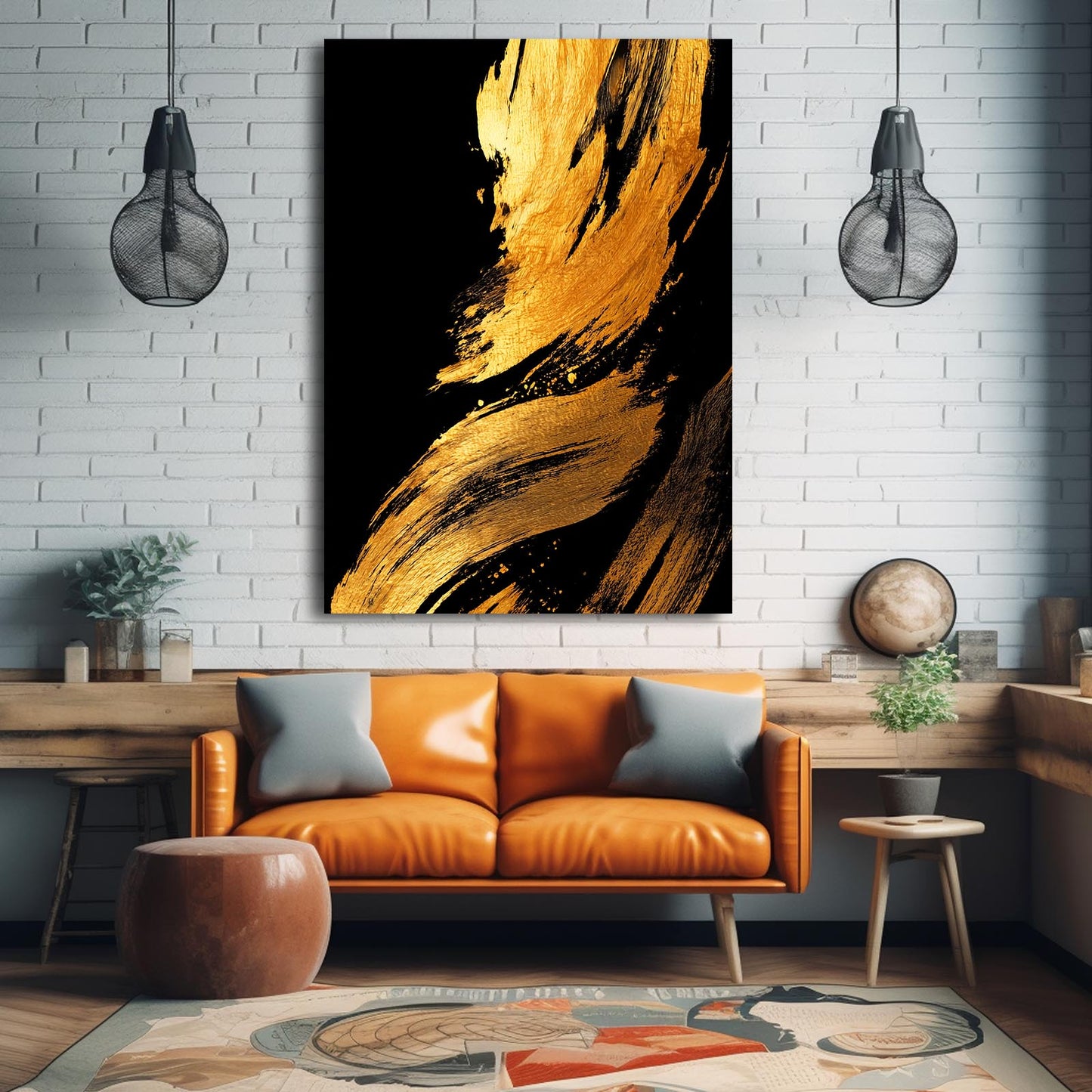 Broad Gold Strokes Art – styled in a furnished interior