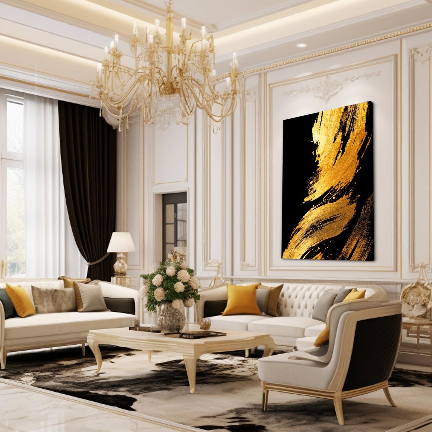 Broad Gold Strokes Art – styled in a furnished interior