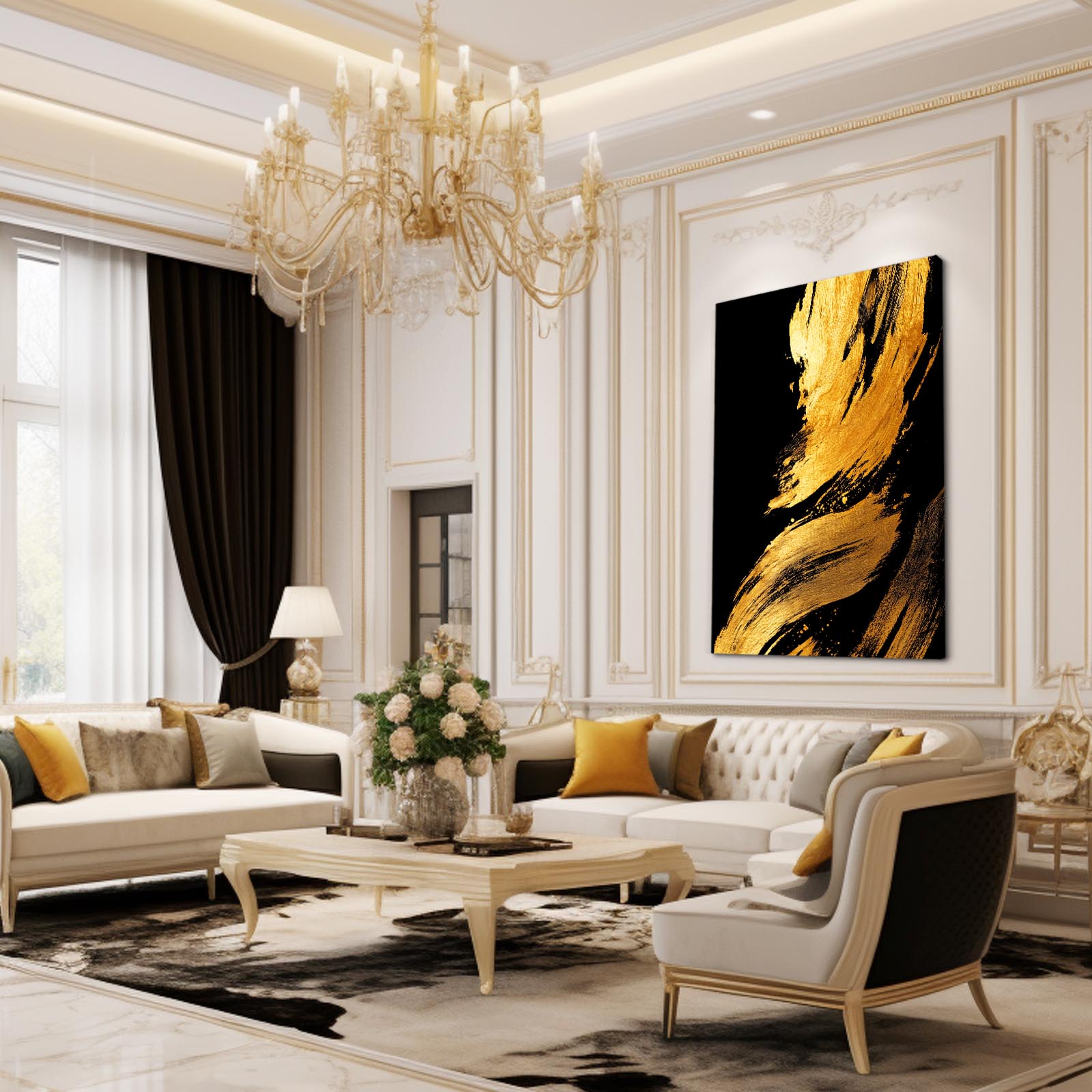 Broad Gold Strokes Art – styled in a furnished interior