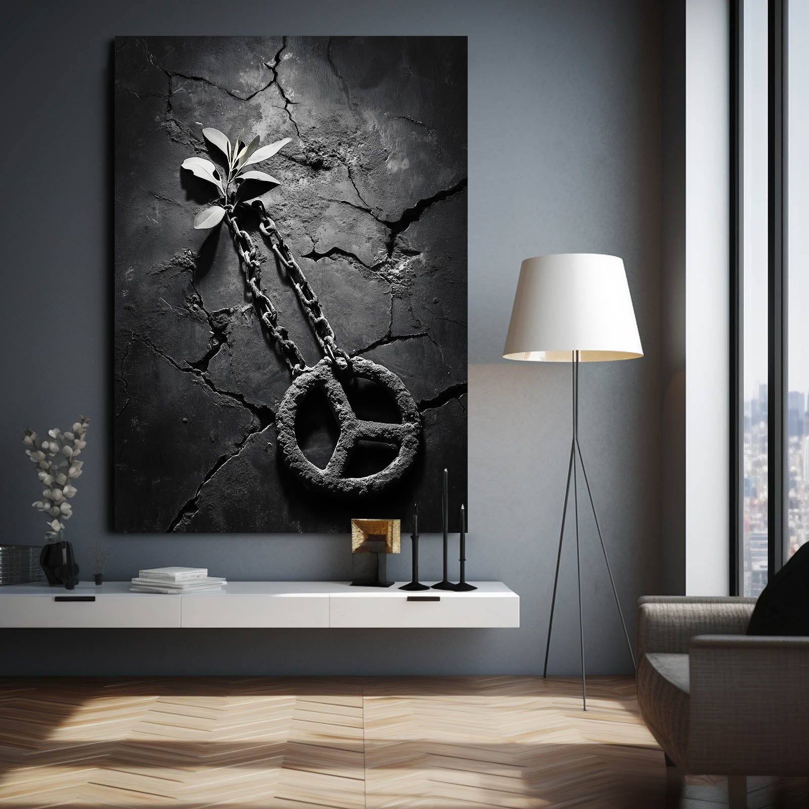 Broken Chains Peace Wall Art – styled in a furnished interior