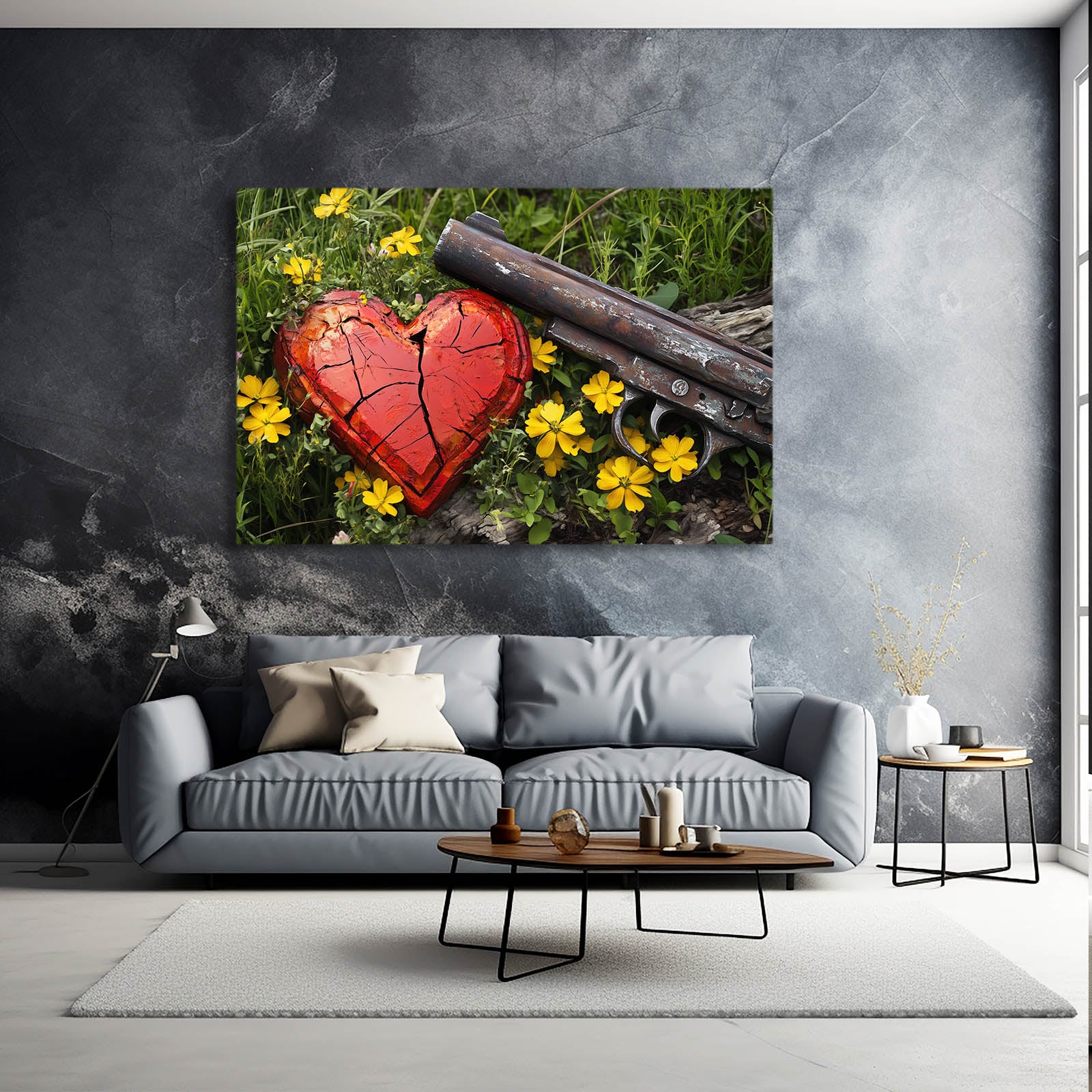 Broken Heart Disarmed Peace Art – styled in a furnished interior