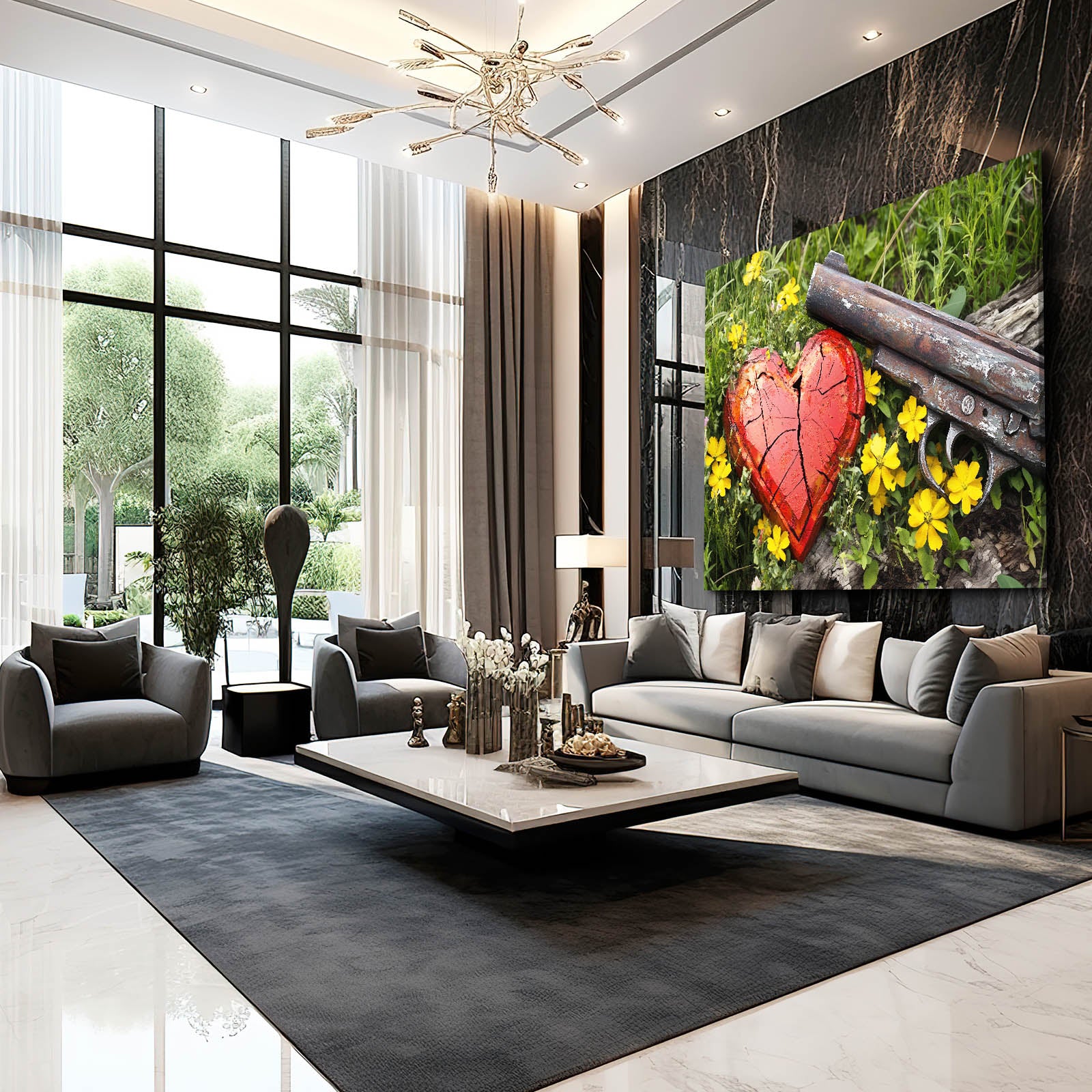 Broken Heart Disarmed Peace Art – styled in a furnished interior