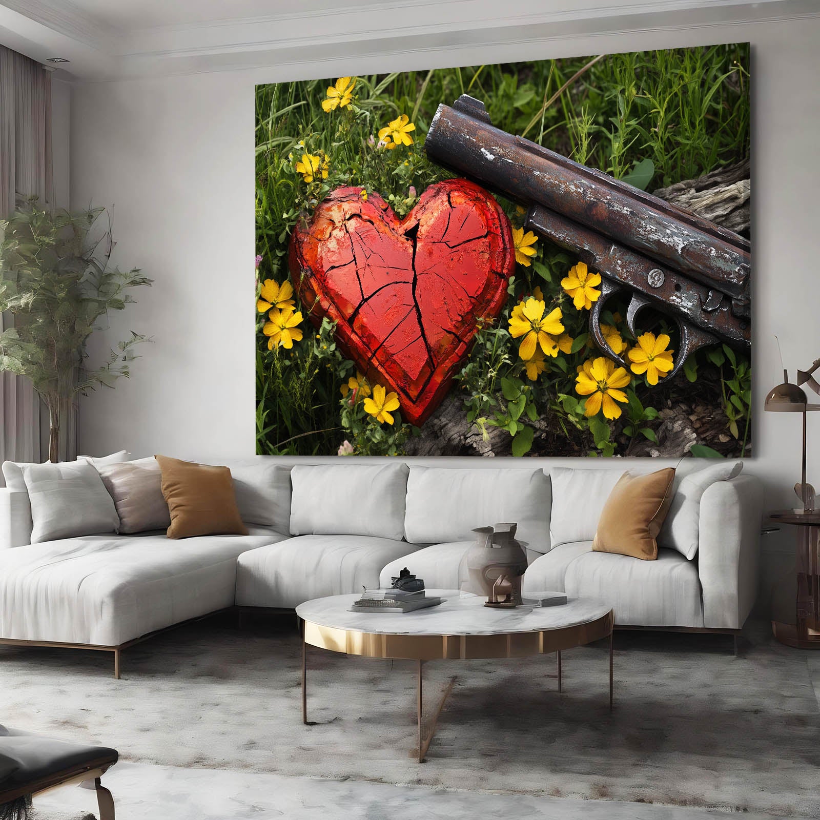 Broken Heart Disarmed Peace Art – styled in a furnished interior