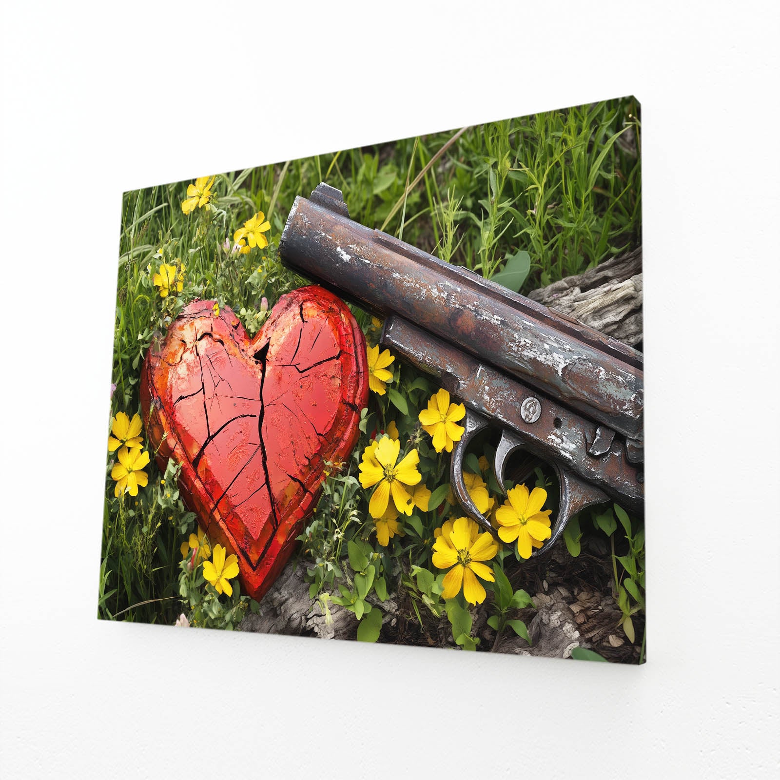 Broken Heart Disarmed Peace Art – angled canvas view on white background