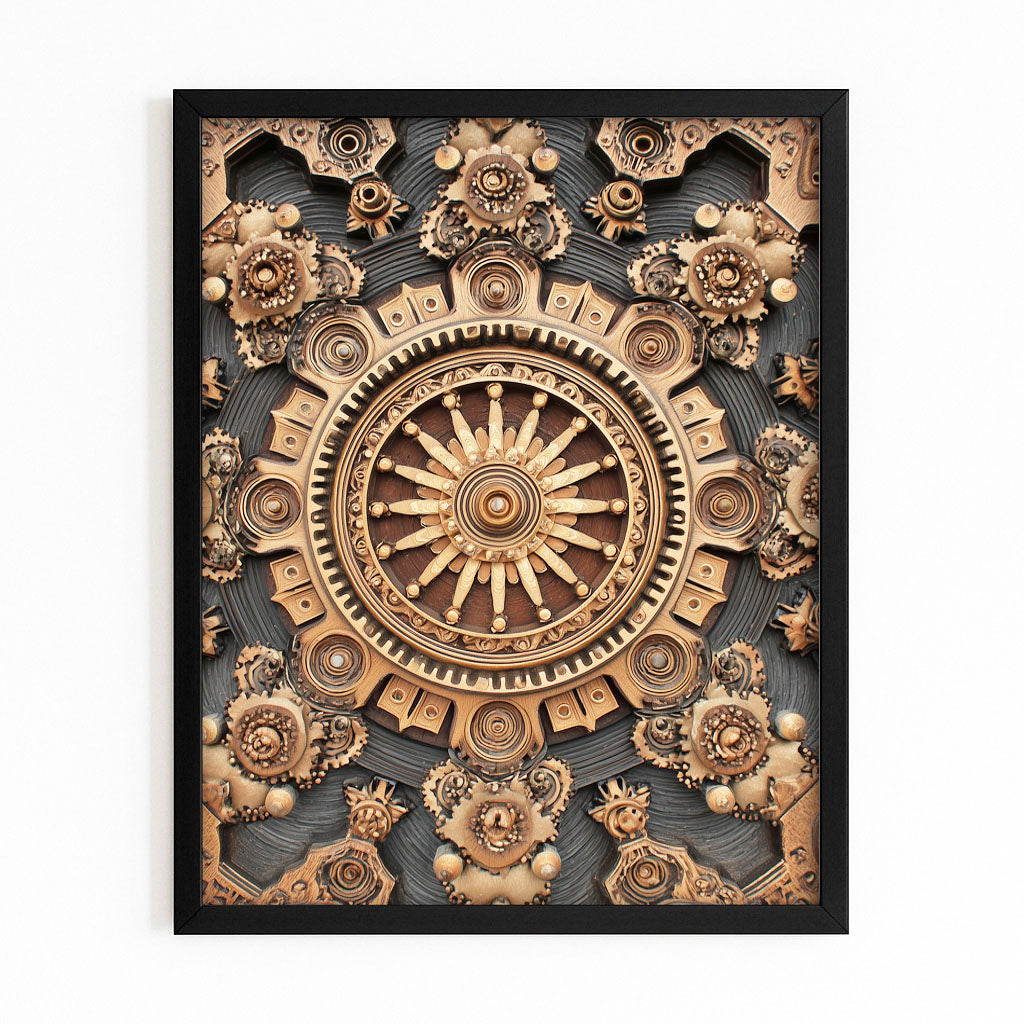 Bronze Gear Mandala Steampunk Art – with Premium Black frame on white background