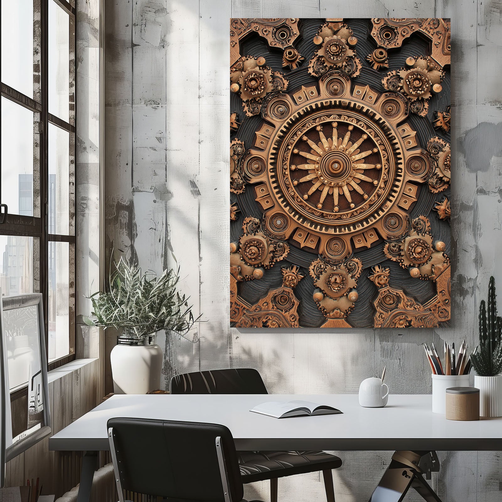 Bronze Gear Mandala Steampunk Art – styled in a furnished interior