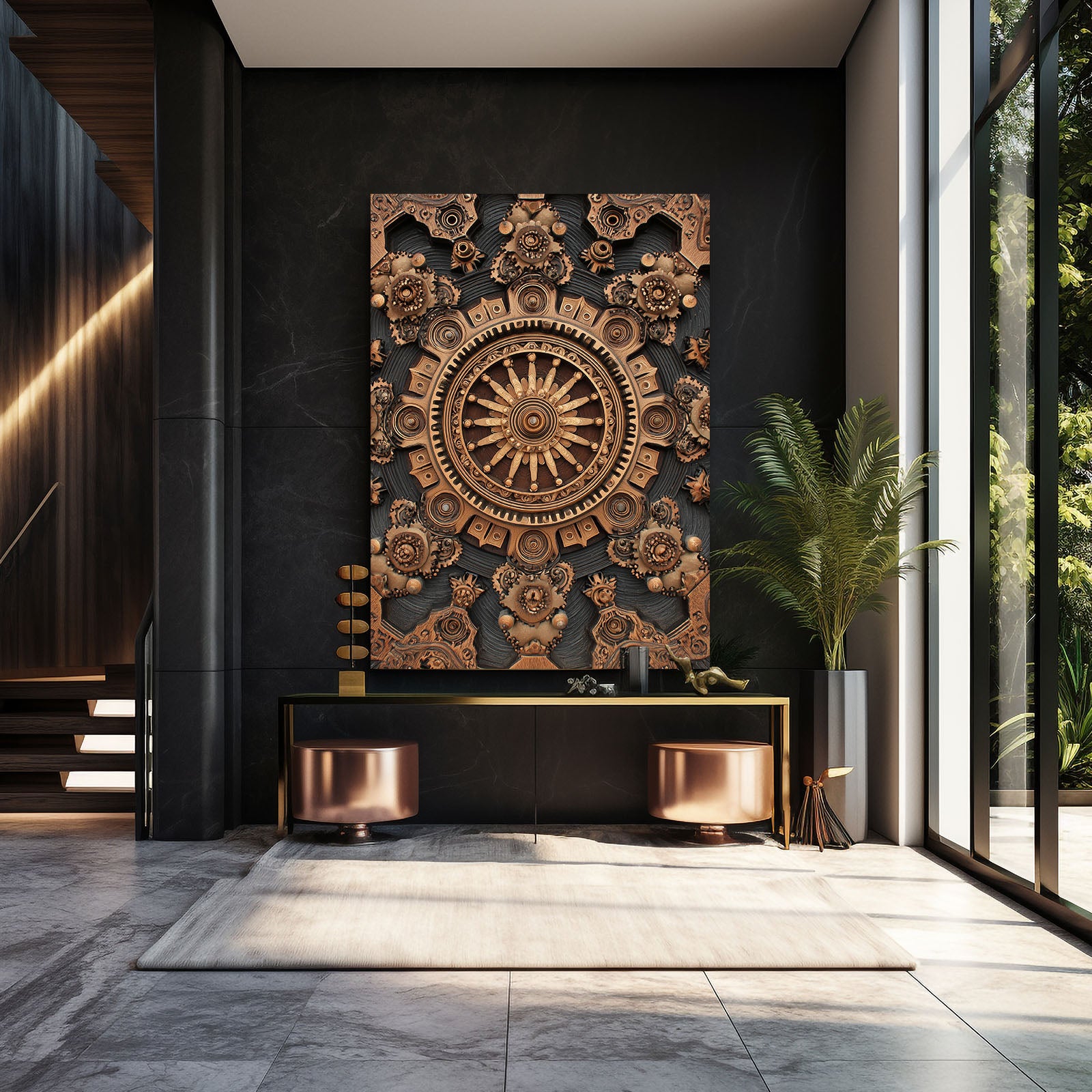 Bronze Gear Mandala Steampunk Art – styled in a furnished interior