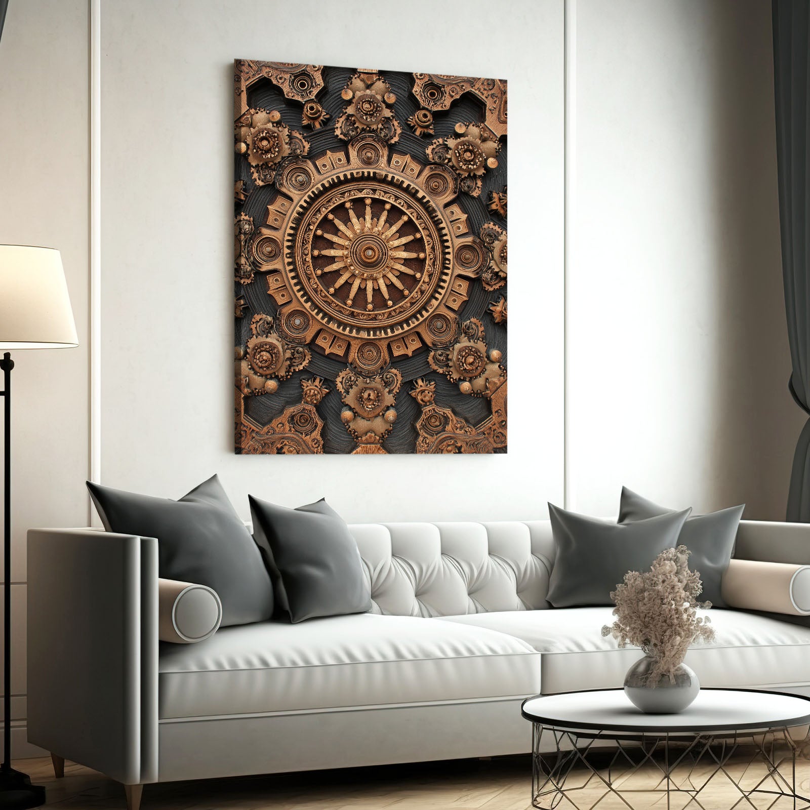 Bronze Gear Mandala Steampunk Art – styled in a furnished interior