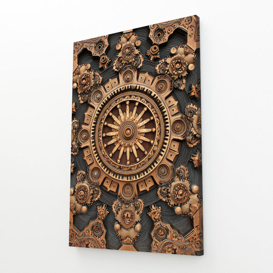Bronze Gear Mandala Steampunk Art – angled canvas view on white background