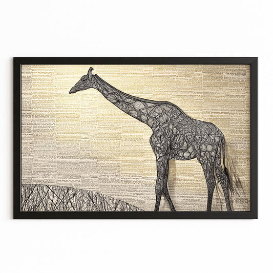 Framed artwork of a giraffe on a textured background