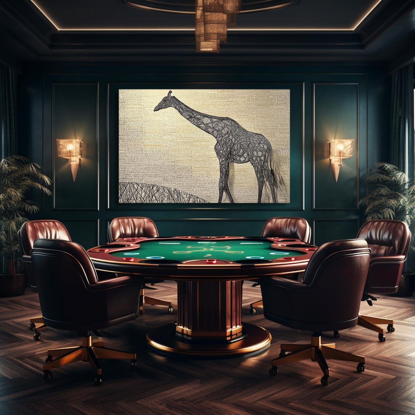 Luxury gaming room with a poker table and leather chairs, featuring a large framed picture of a giraffe on the wall.