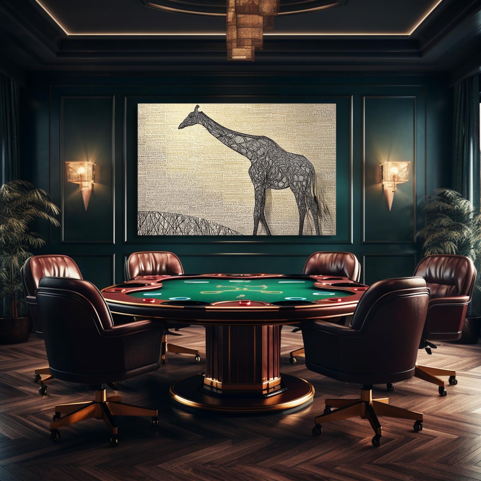 Luxury gaming room with a poker table and leather chairs, featuring a large framed picture of a giraffe on the wall.