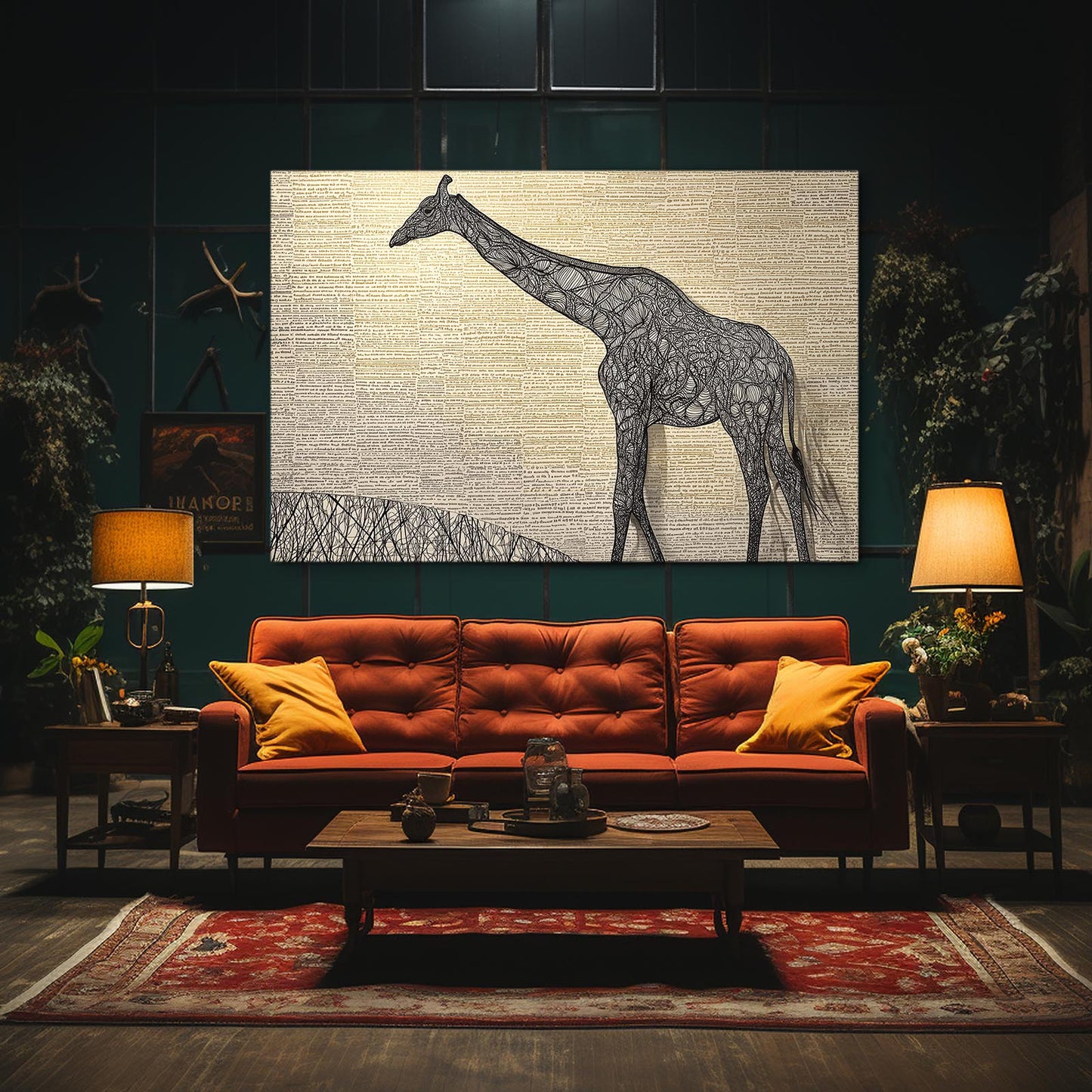 Living room with a red sofa, coffee table, and large giraffe artwork on the wall.