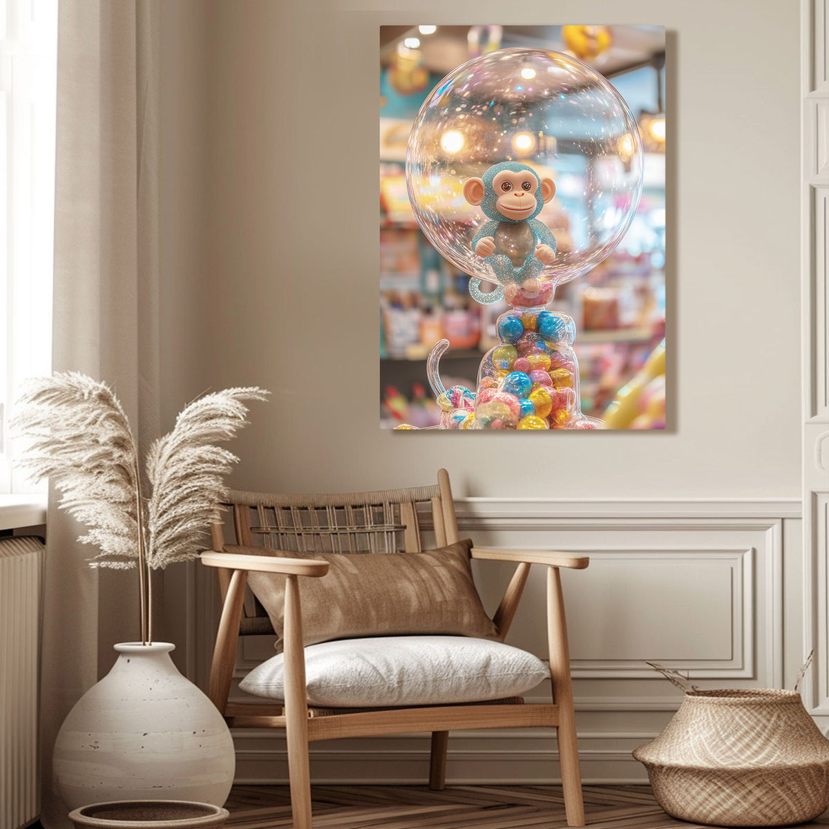 Bubble Gumball Monkey Prints — surrealism canvas print, styled in a furnished interior