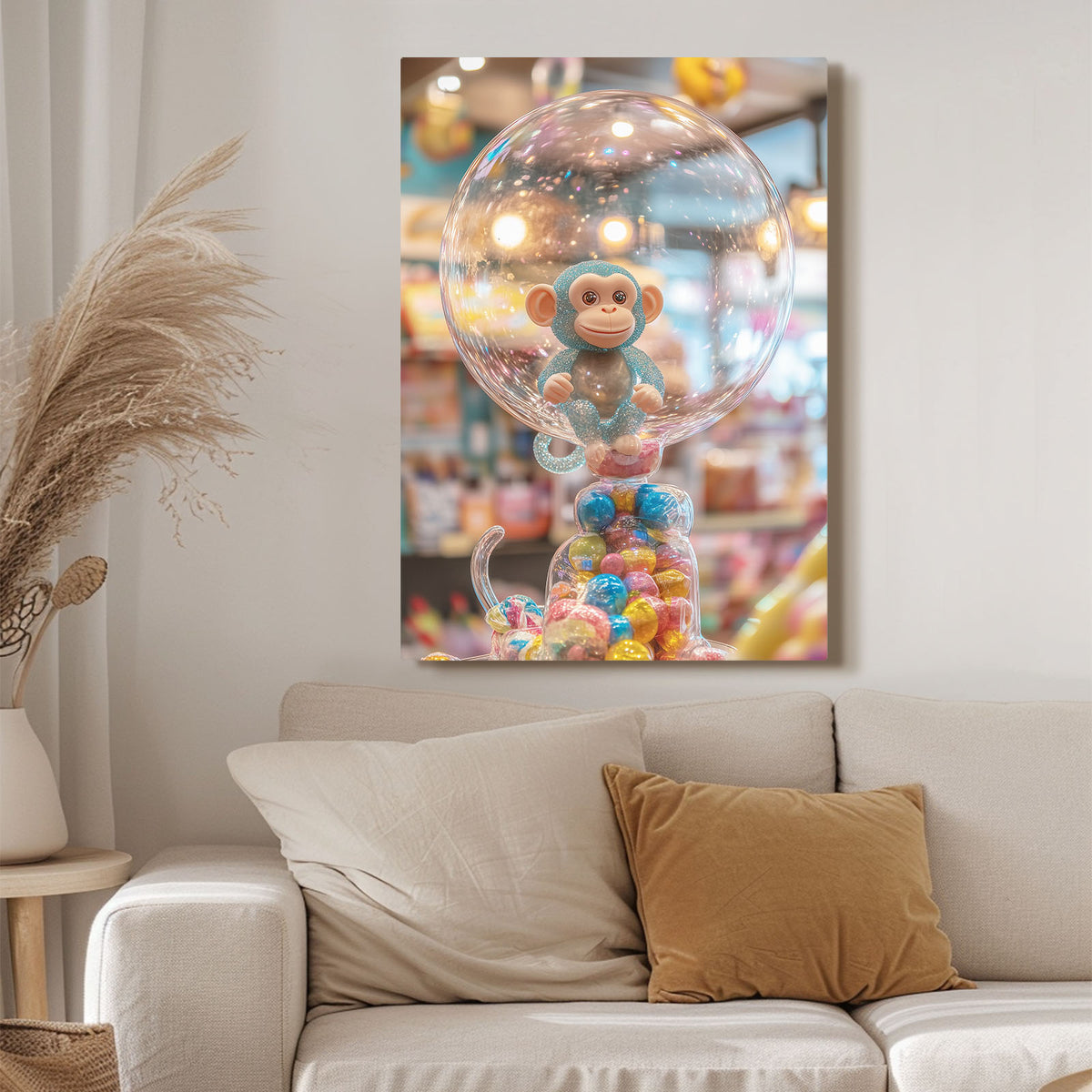 Bubble Gumball Monkey Prints — surrealism canvas print, styled in a furnished interior