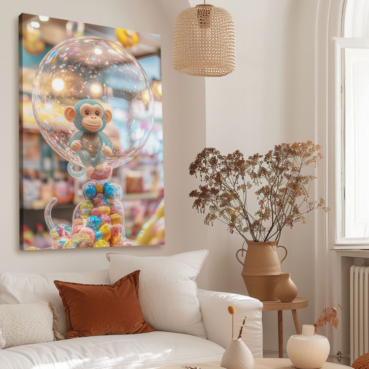Bubble Gumball Monkey Prints — surrealism canvas print, styled in a furnished interior