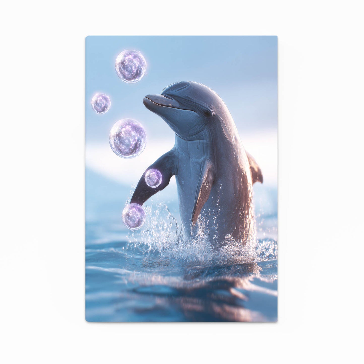 Bubble Play Dolphin Wall Art – dolphin rising from calm water balancing shimmering bubbles on its nose