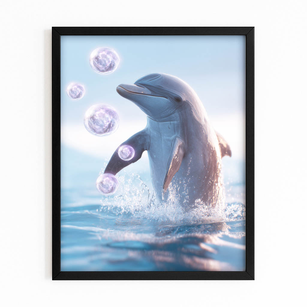 Bubble Play Dolphin Wall Art – with Premium Black wood frame on white background