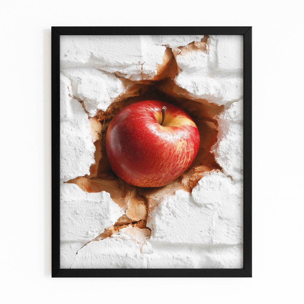 Bursting Brick Wall Apple Wall Art – with Premium Black frame on white background