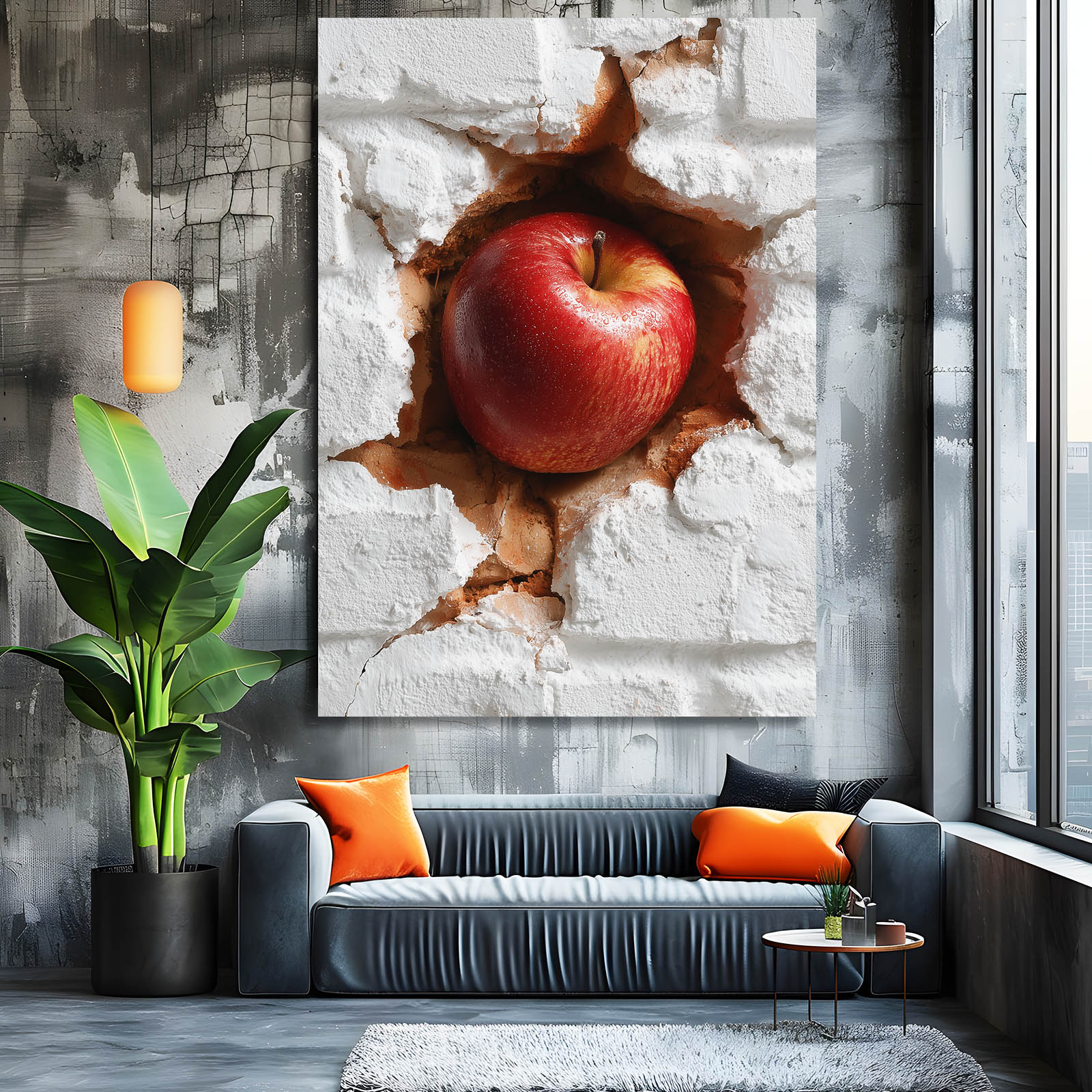 Bursting Brick Wall Apple Wall Art – styled in a furnished interior