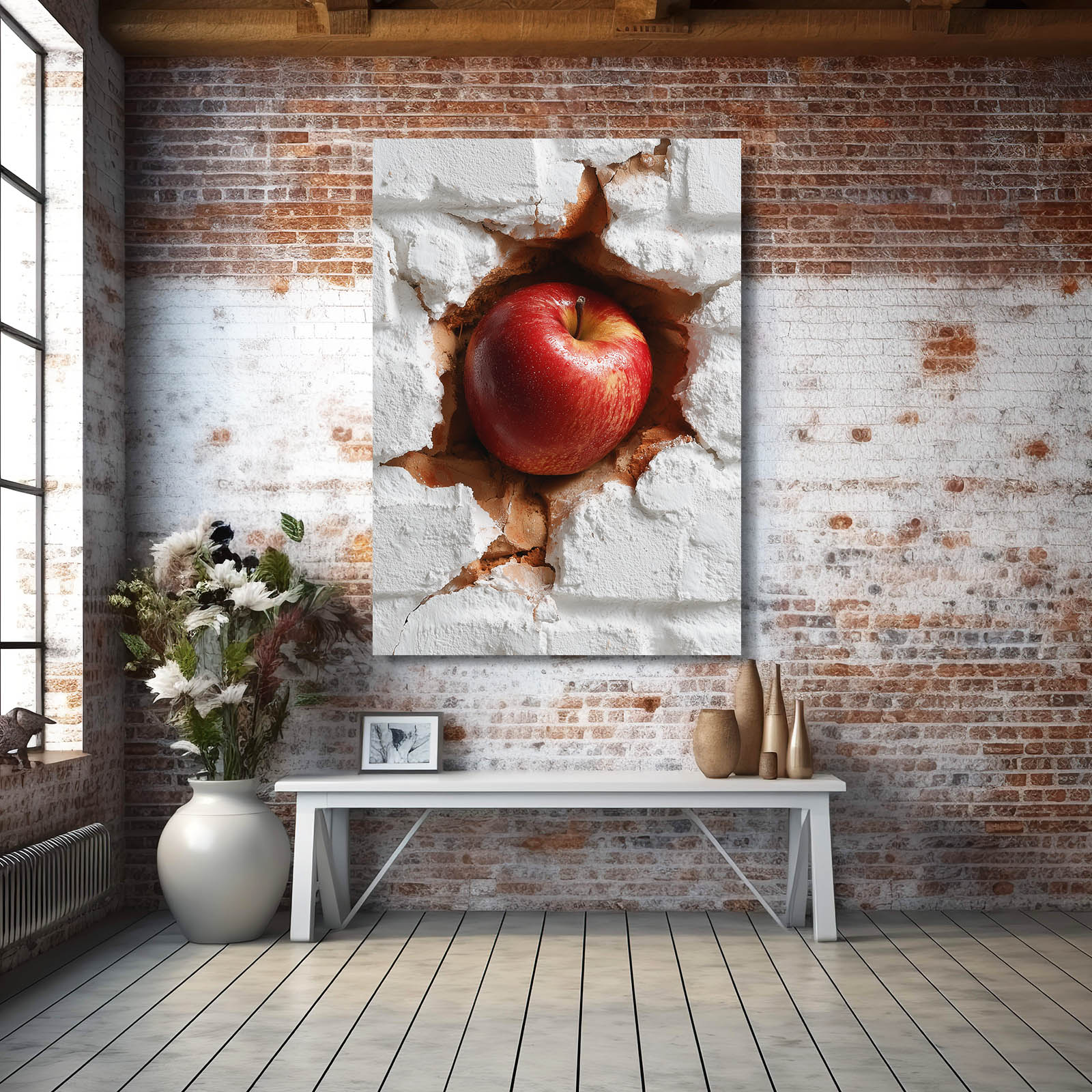 Bursting Brick Wall Apple Wall Art – styled in a furnished interior