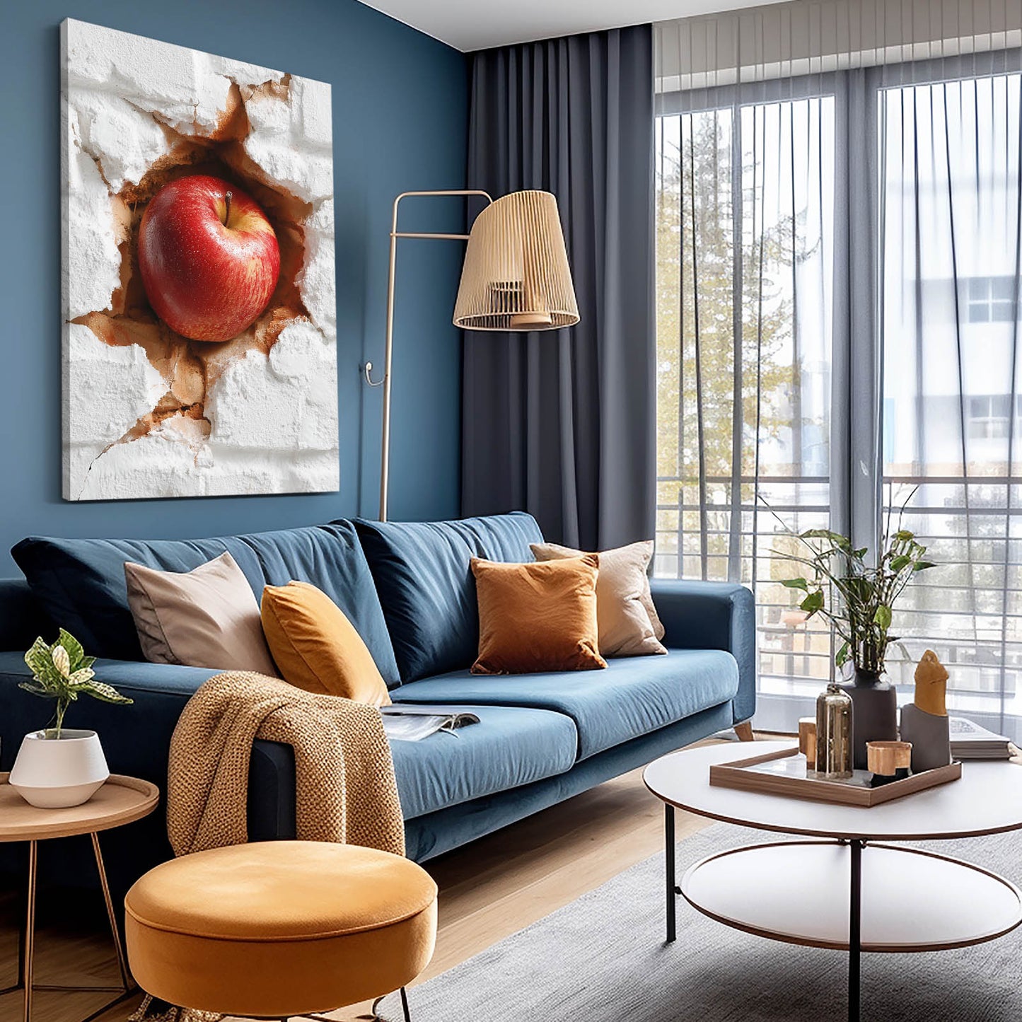 Bursting Brick Wall Apple Wall Art – styled in a furnished interior
