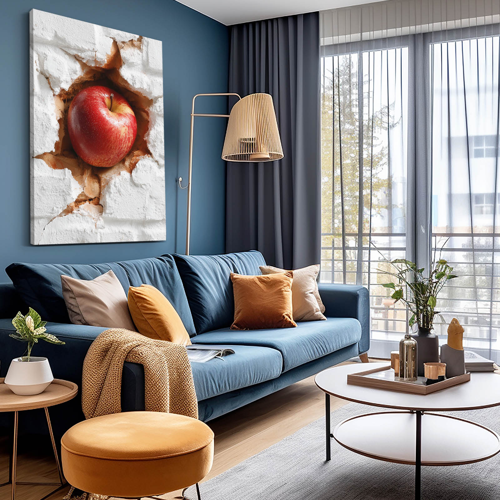Bursting Brick Wall Apple Wall Art – styled in a furnished interior