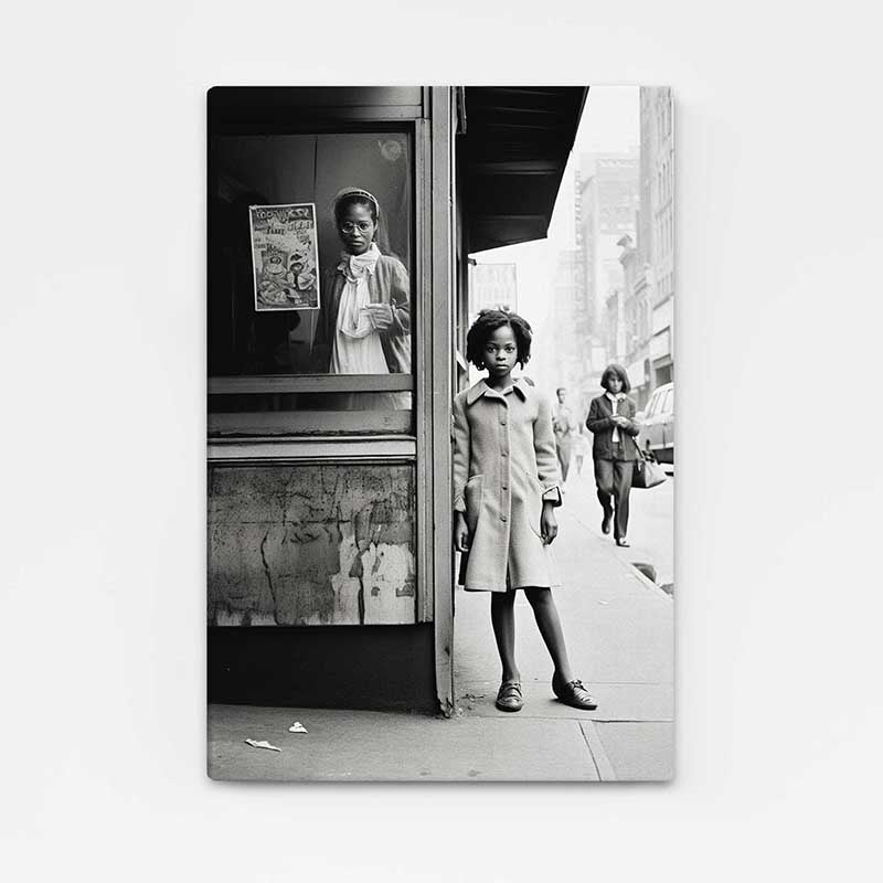 Bus Stop Black and White Photography – women waiting at a vintage bus stop, street scene